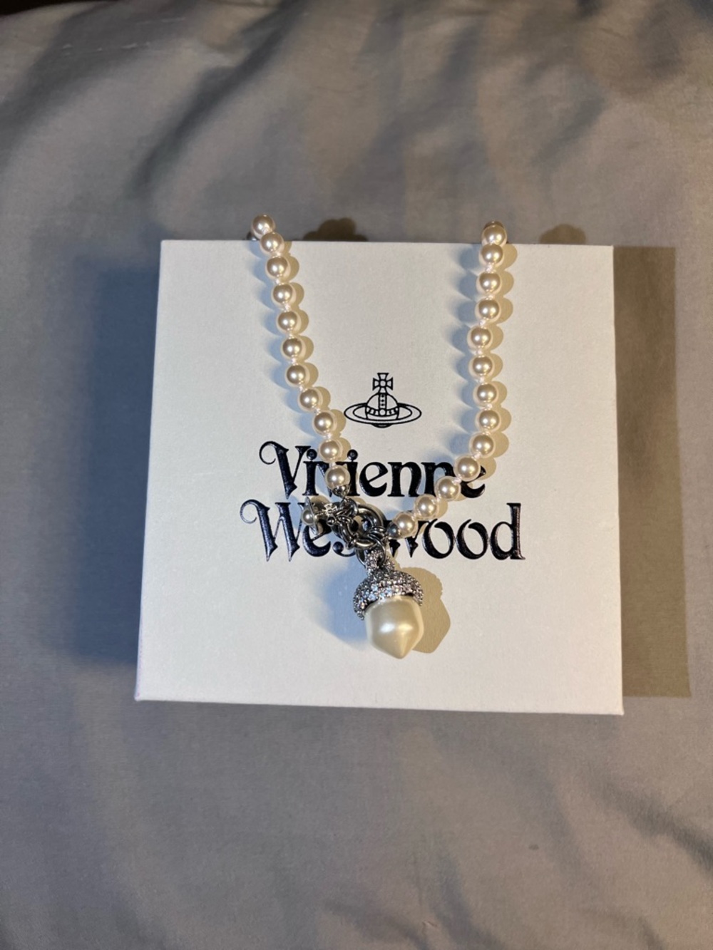 Vivienne Westwood Pearl Necklace with Crystal Acorn Pendant - White and Silver